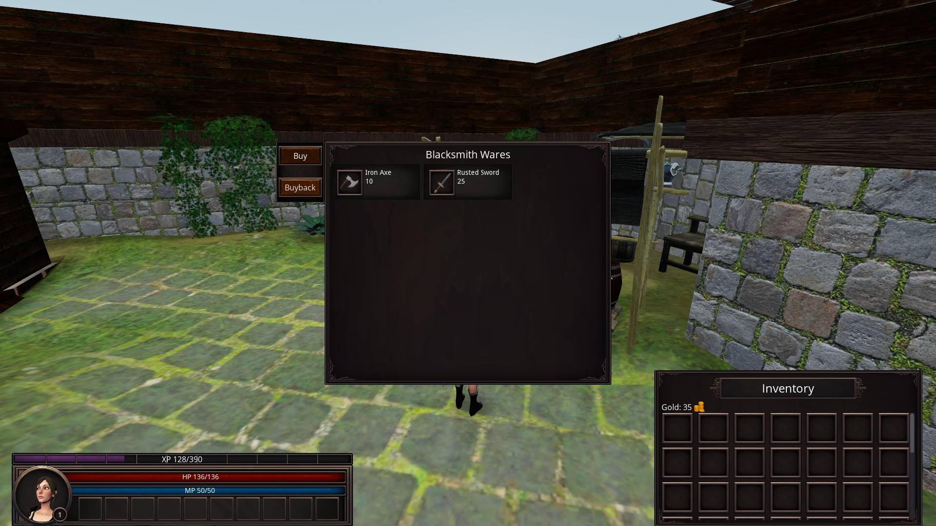 View of talking with a vendor in the game